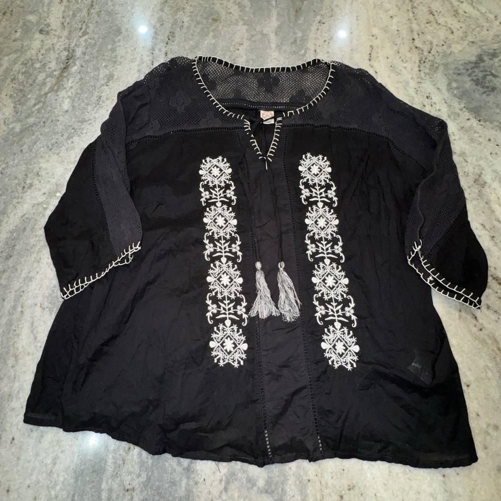 Bila XXL Black Mesh Embroidered Shirt Boho Beach 3/4 Sleeve Vacation Casual